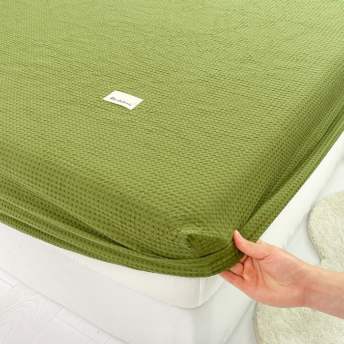 91家纺网 家纺一手货源 找家纺 澳梵家居 2023新品全棉华夫格床笠单品 华夫格-松绿