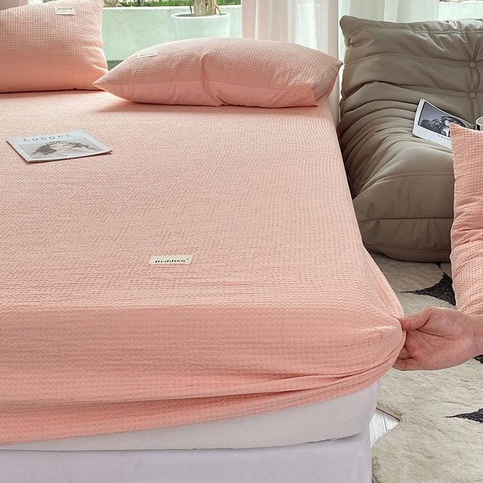 91家纺网 家纺一手货源 找家纺 澳梵家居 2023新品全棉华夫格床笠单品 华夫格-粉玉