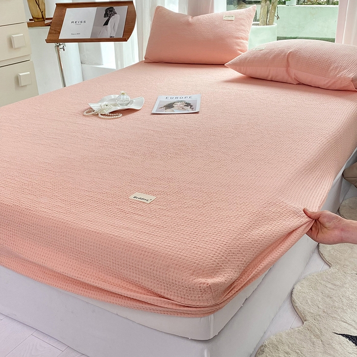 91家纺网 家纺一手货源 找家纺 澳梵家居 2023新品全棉华夫格床笠单品 华夫格-粉玉