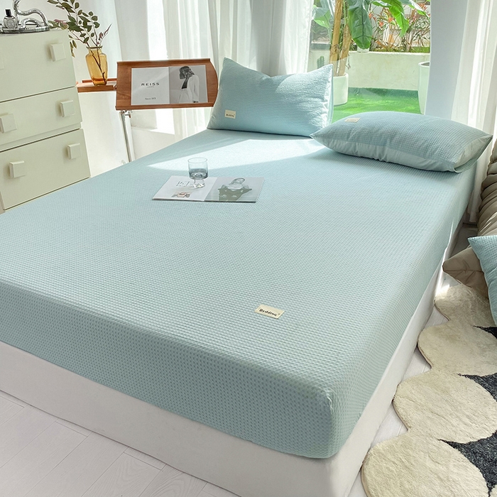 91家纺网 家纺一手货源 找家纺 澳梵家居 2023新品全棉华夫格床笠单品 华夫格-天蓝