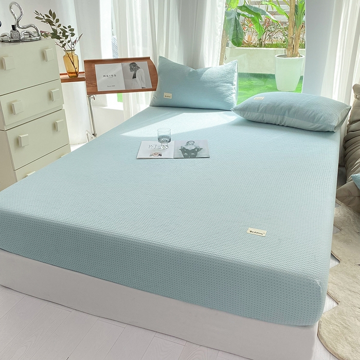 91家纺网 家纺一手货源 找家纺 澳梵家居 2023新品全棉华夫格床笠单品 华夫格-天蓝