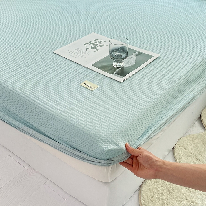 91家纺网 家纺一手货源 找家纺 澳梵家居 2023新品全棉华夫格床笠单品 华夫格-天蓝