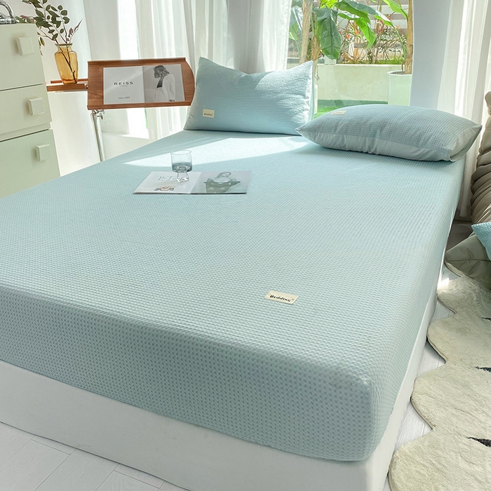 91家纺网 家纺一手货源 找家纺 澳梵家居 2023新品全棉华夫格床笠单品 华夫格-天蓝