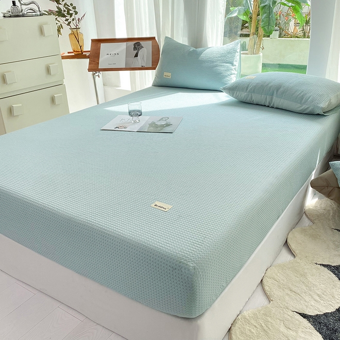 91家纺网 家纺一手货源 找家纺 澳梵家居 2023新品全棉华夫格床笠单品 华夫格-天蓝