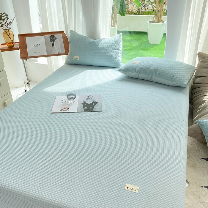 91家纺网 家纺一手货源 找家纺 澳梵家居 2023新品全棉华夫格床笠单品 华夫格-天蓝