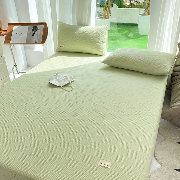 91家纺网 家纺一手货源 找家纺 澳梵家居 2023新品全棉华夫格床笠单品 棋格-果绿