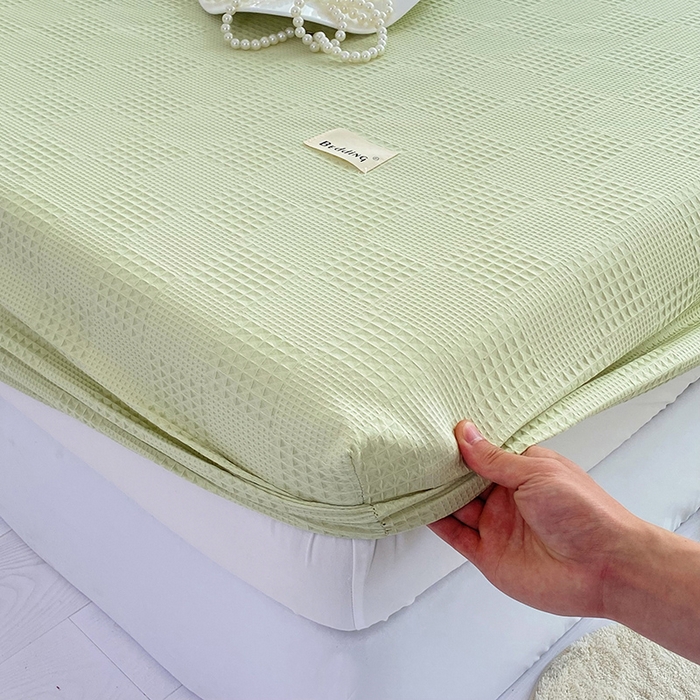 91家纺网 家纺一手货源 找家纺 澳梵家居 2023新品全棉华夫格床笠单品 棋格-果绿