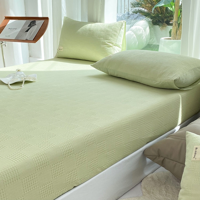 91家纺网 家纺一手货源 找家纺 澳梵家居 2023新品全棉华夫格床笠单品 棋格-果绿