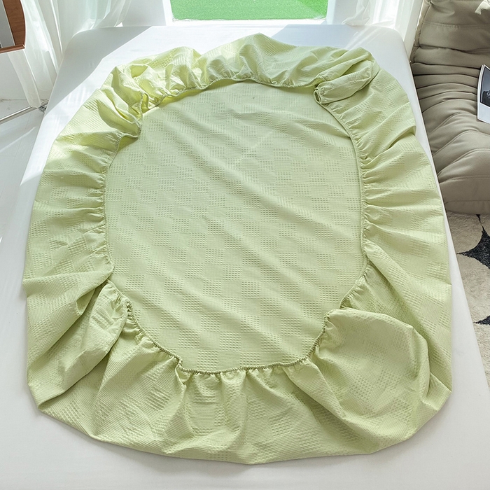 91家纺网 家纺一手货源 找家纺 澳梵家居 2023新品全棉华夫格床笠单品 棋格-果绿