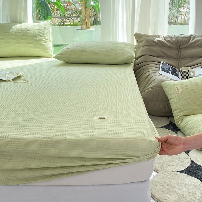 91家纺网 家纺一手货源 找家纺 澳梵家居 2023新品全棉华夫格床笠单品 棋格-果绿