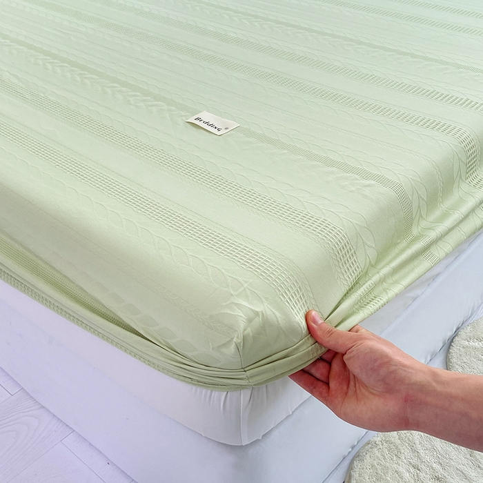 91家纺网 家纺一手货源 找家纺 澳梵家居 2023新品全棉华夫格床笠单品 麦穗-嫩芽绿