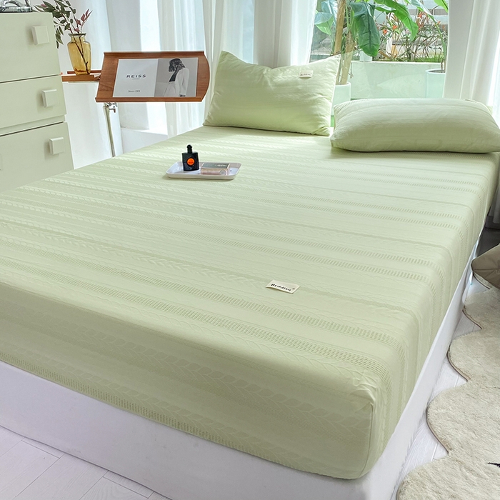 91家纺网 家纺一手货源 找家纺 澳梵家居 2023新品全棉华夫格床笠单品 麦穗-嫩芽绿