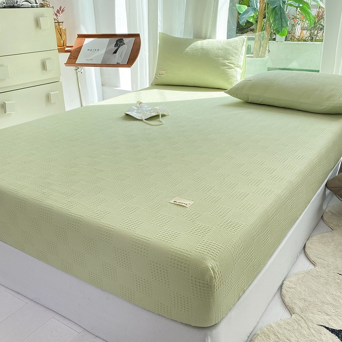 91家纺网 家纺一手货源 找家纺 澳梵家居 2023新品全棉华夫格床笠单品 棋格-果绿