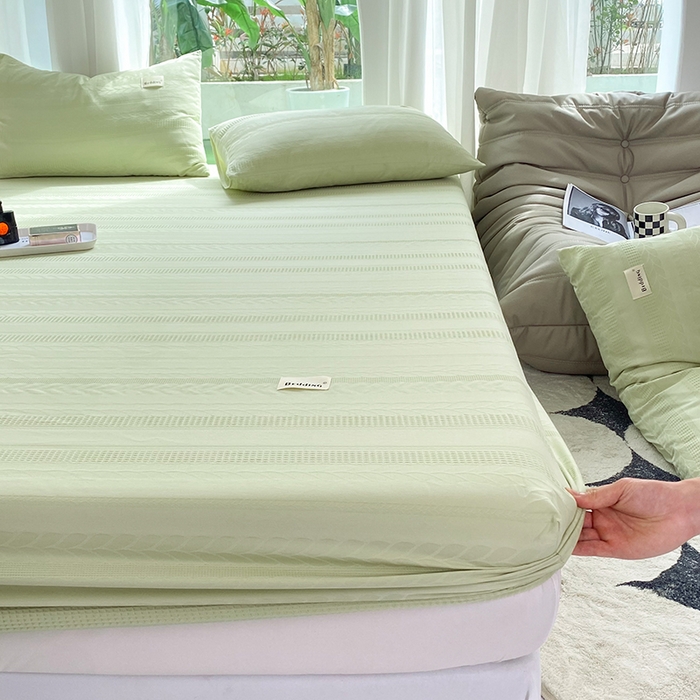 91家纺网 家纺一手货源 找家纺 澳梵家居 2023新品全棉华夫格床笠单品 麦穗-嫩芽绿