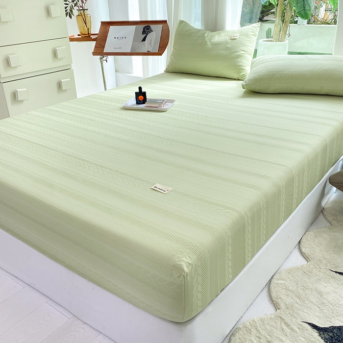 91家纺网 家纺一手货源 找家纺 澳梵家居 2023新品全棉华夫格床笠单品 麦穗-嫩芽绿