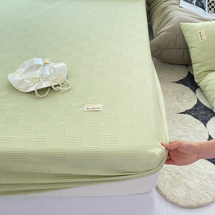 91家纺网 家纺一手货源 找家纺 澳梵家居 2023新品全棉华夫格床笠单品 棋格-果绿