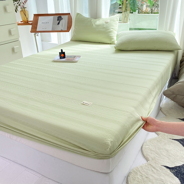 91家纺网 家纺一手货源 找家纺 澳梵家居 2023新品全棉华夫格床笠单品 麦穗-嫩芽绿