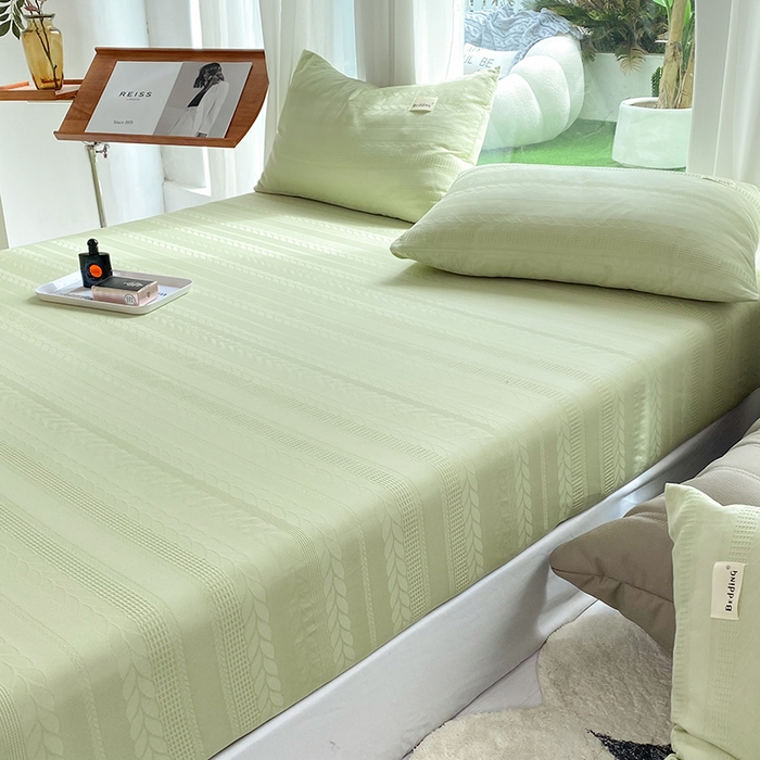 91家纺网 家纺一手货源 找家纺 澳梵家居 2023新品全棉华夫格床笠单品 麦穗-嫩芽绿