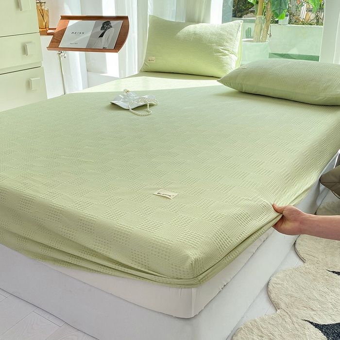 91家纺网 家纺一手货源 找家纺 澳梵家居 2023新品全棉华夫格床笠单品 棋格-果绿