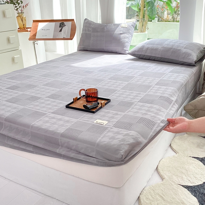 91家纺网 家纺一手货源 找家纺 澳梵家居 2023新品全棉华夫格床笠单品 千鸟格-灰色