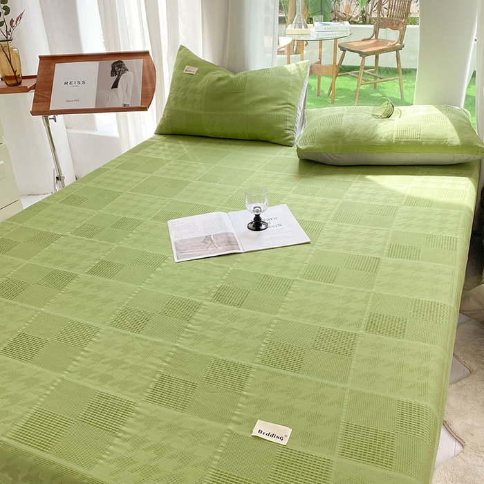 91家纺网 家纺一手货源 找家纺 澳梵家居 2023新品全棉华夫格床笠单品 千鸟格-果绿