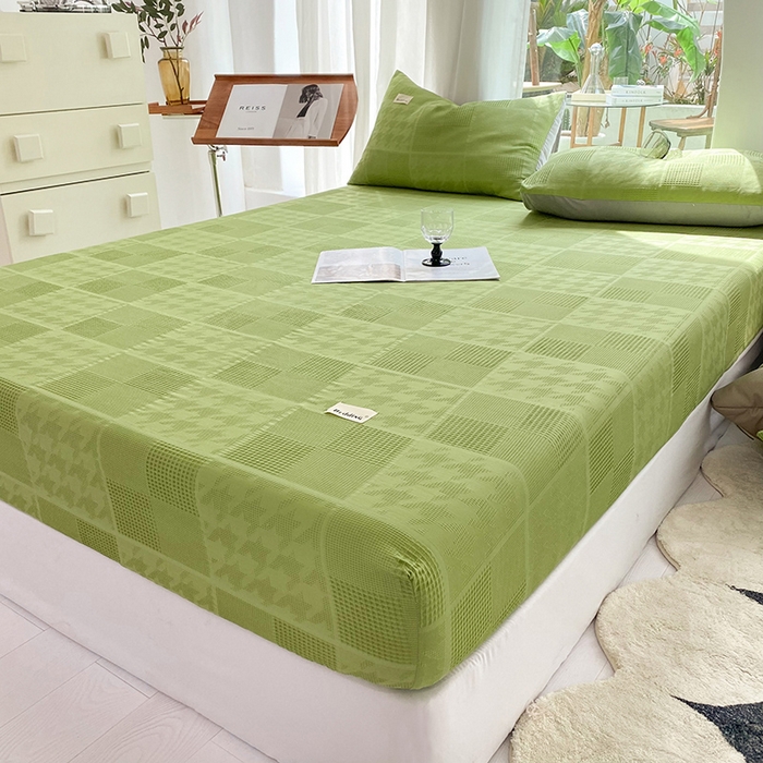 91家纺网 家纺一手货源 找家纺 澳梵家居 2023新品全棉华夫格床笠单品 千鸟格-果绿