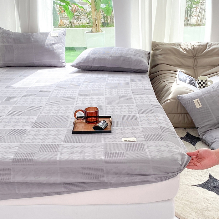 91家纺网 家纺一手货源 找家纺 澳梵家居 2023新品全棉华夫格床笠单品 千鸟格-灰色