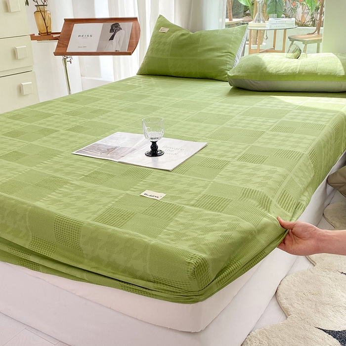 91家纺网 家纺一手货源 找家纺 澳梵家居 2023新品全棉华夫格床笠单品 千鸟格-果绿