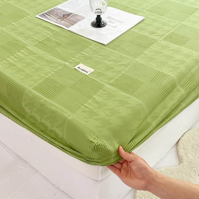 91家纺网 家纺一手货源 找家纺 澳梵家居 2023新品全棉华夫格床笠单品 千鸟格-果绿