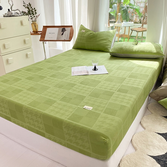 91家纺网 家纺一手货源 找家纺 澳梵家居 2023新品全棉华夫格床笠单品 千鸟格-果绿