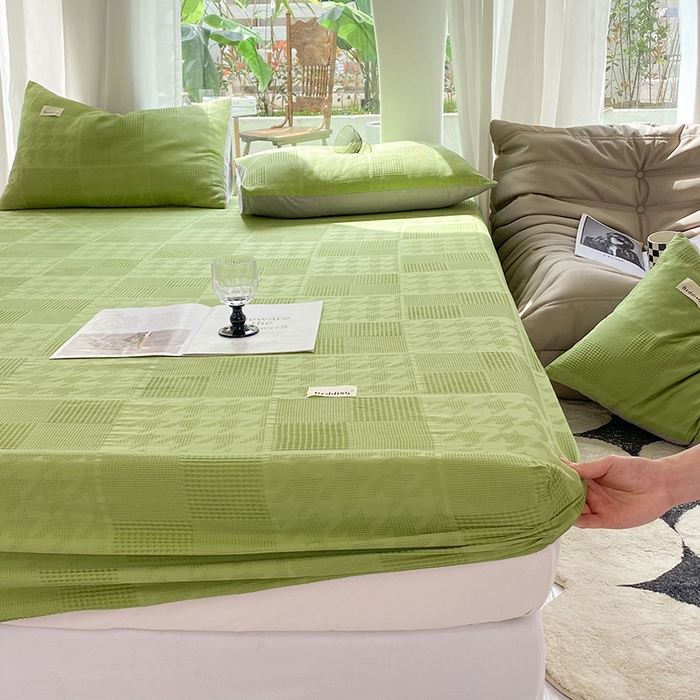 91家纺网 家纺一手货源 找家纺 澳梵家居 2023新品全棉华夫格床笠单品 千鸟格-果绿