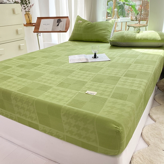 91家纺网 家纺一手货源 找家纺 澳梵家居 2023新品全棉华夫格床笠单品 千鸟格-果绿