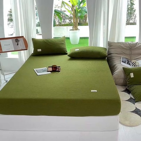 91家纺网 家纺一手货源 找家纺 澳梵家居 2023新品全棉华夫格床笠单品 华夫格-松绿