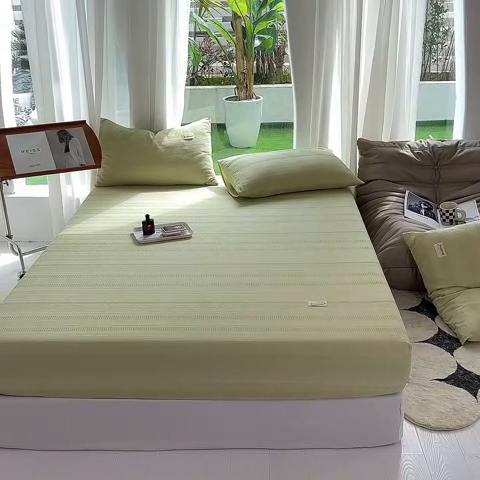 91家纺网 家纺一手货源 找家纺 澳梵家居 2023新品全棉华夫格床笠单品 麦穗-嫩芽绿