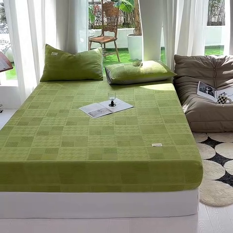 91家纺网 家纺一手货源 找家纺 澳梵家居 2023新品全棉华夫格床笠单品 千鸟格-果绿