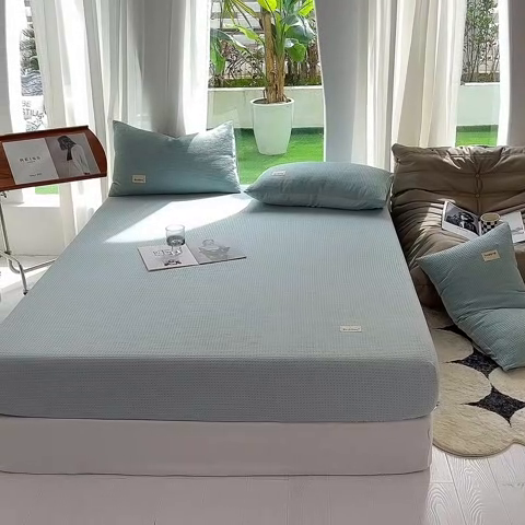 91家纺网 家纺一手货源 找家纺 澳梵家居 2023新品全棉华夫格床笠单品 华夫格-天蓝