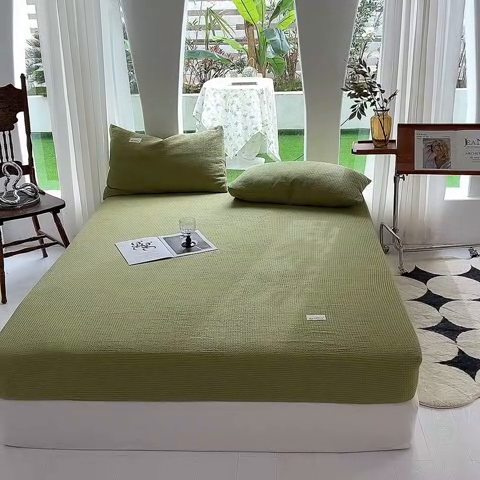 91家纺网 家纺一手货源 找家纺 澳梵家居 2023新品全棉华夫格床笠单品 棋格-果绿