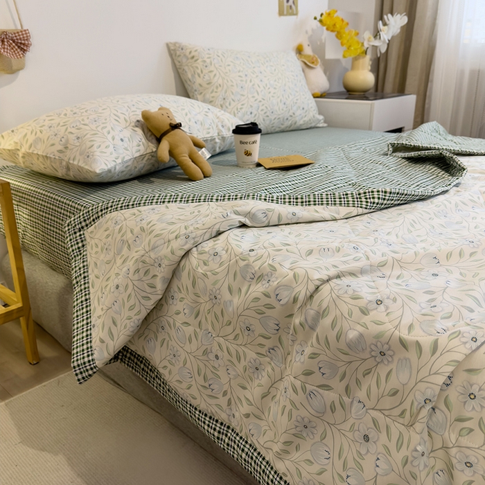 91家纺网 家纺一手货源 找家纺 怡家居 2023新款全棉小清新手包边夏被四件套 欢颜-绿