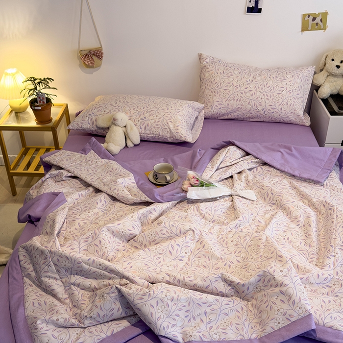 91家纺网 家纺一手货源 找家纺 怡家居 2023新款全棉小清新手包边夏被四件套 欢颜-紫