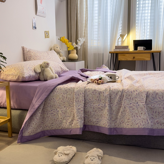 91家纺网 家纺一手货源 找家纺 怡家居 2023新款全棉小清新手包边夏被四件套 欢颜-紫