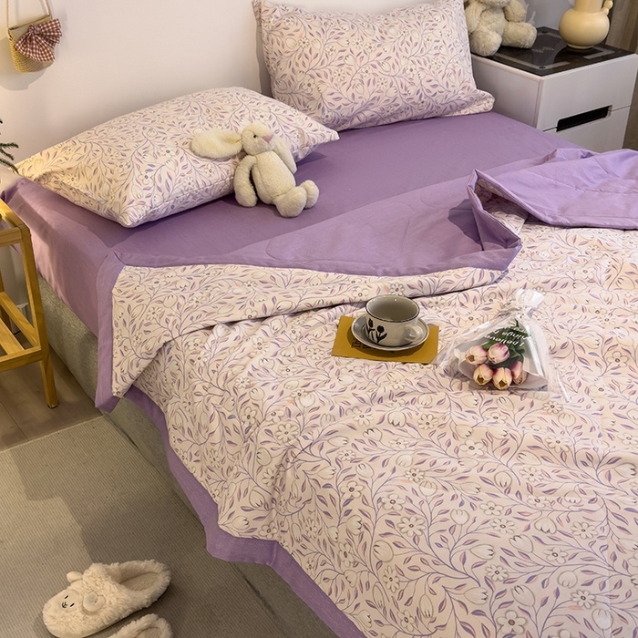 91家纺网 家纺一手货源 找家纺 怡家居 2023新款全棉小清新手包边夏被四件套 欢颜-紫