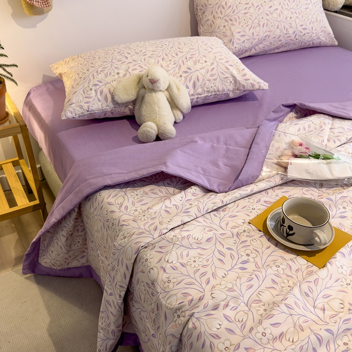91家纺网 家纺一手货源 找家纺 怡家居 2023新款全棉小清新手包边夏被四件套 欢颜-紫