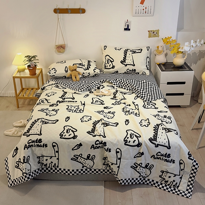 91家纺网 家纺一手货源 找家纺 怡家居 2023新款全棉小清新手包边夏被四件套 涂鸦