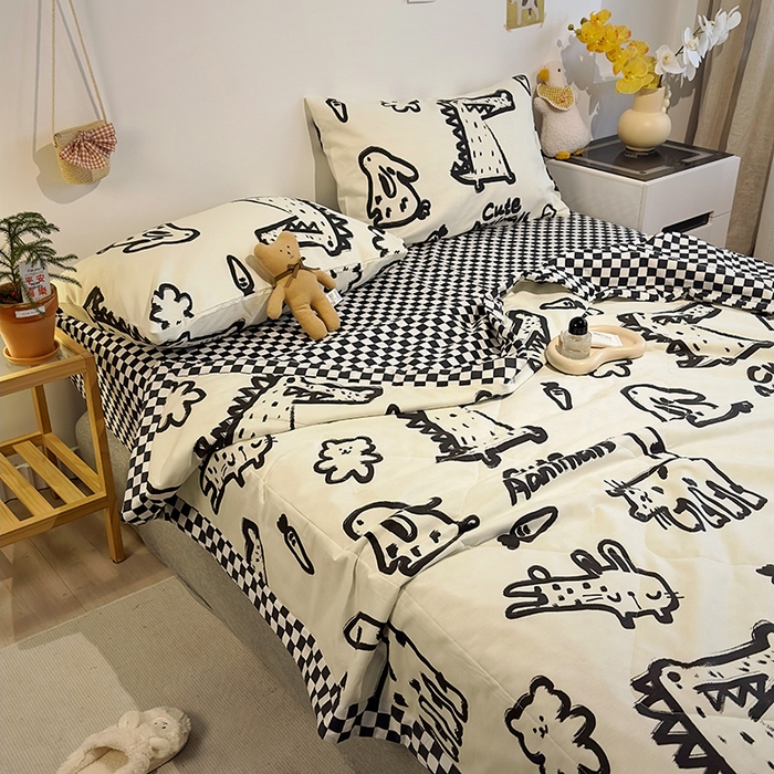 91家纺网 家纺一手货源 找家纺 怡家居 2023新款全棉小清新手包边夏被四件套 涂鸦