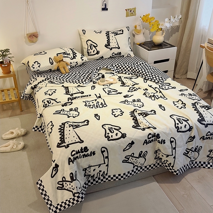 91家纺网 家纺一手货源 找家纺 怡家居 2023新款全棉小清新手包边夏被四件套 涂鸦