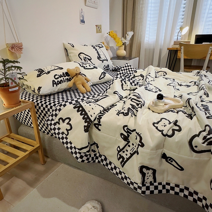 91家纺网 家纺一手货源 找家纺 怡家居 2023新款全棉小清新手包边夏被四件套 涂鸦