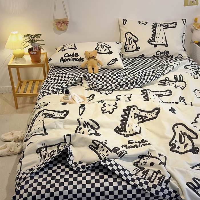 91家纺网 家纺一手货源 找家纺 怡家居 2023新款全棉小清新手包边夏被四件套 涂鸦