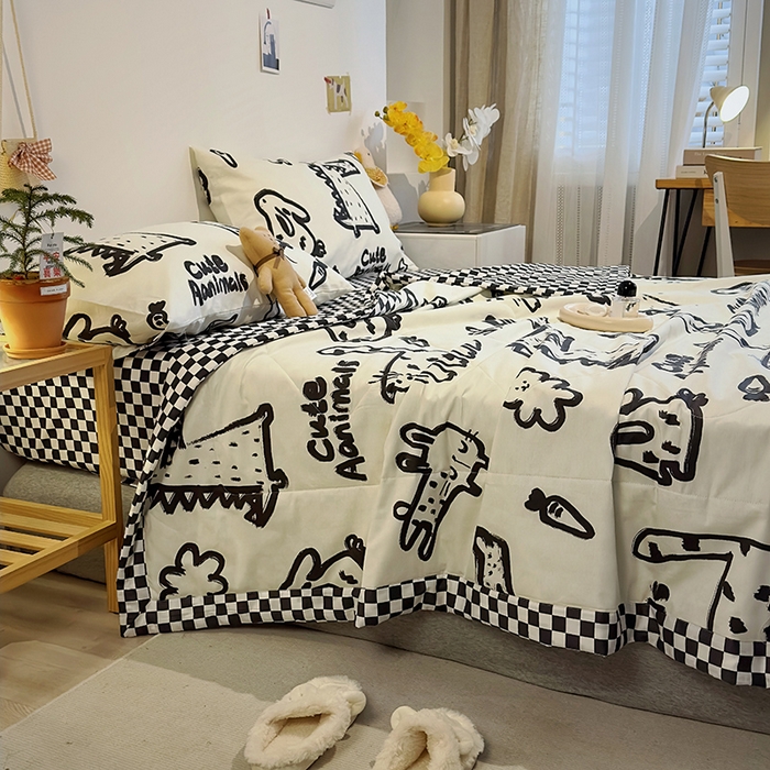 91家纺网 家纺一手货源 找家纺 怡家居 2023新款全棉小清新手包边夏被四件套 涂鸦