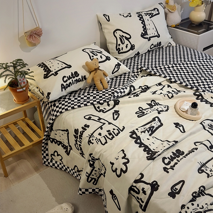 91家纺网 家纺一手货源 找家纺 怡家居 2023新款全棉小清新手包边夏被四件套 涂鸦