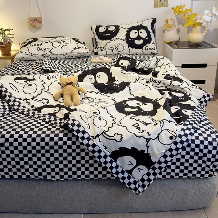 91家纺网 家纺一手货源 找家纺 怡家居 2023新款全棉小清新手包边夏被四件套 小煤球